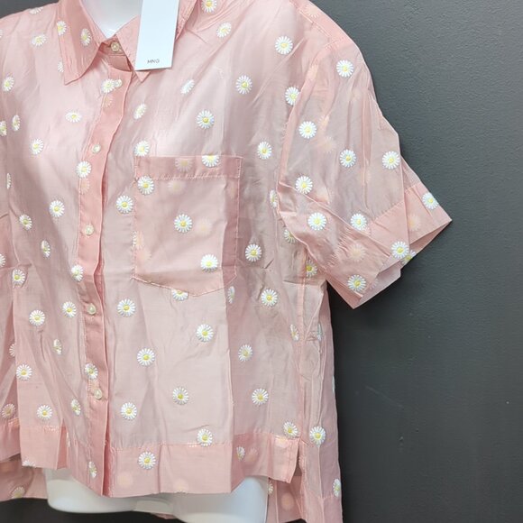 Mango Floral Embroidered Lyocell Short Sleeves Shirt Medium Pastel Pink - Picture 3 of 8
